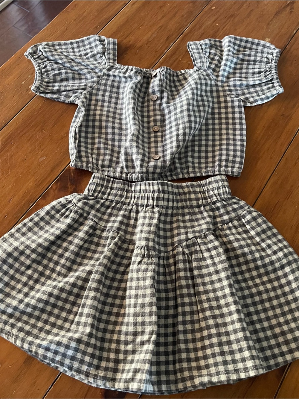 Rylee + Cru Green and White Gingham Top with matching skirt.